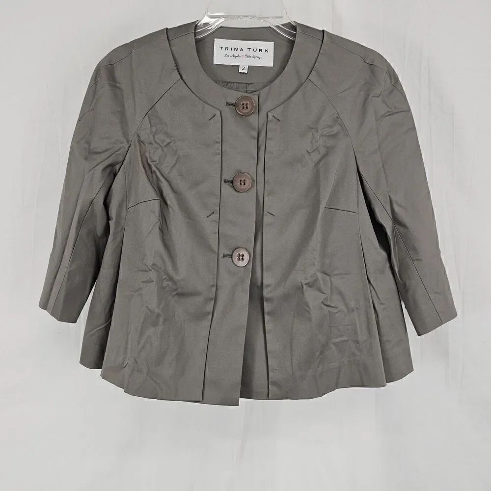 Trina Turk Pants Suit Jacket Charcoal Gray Boxy Dress Cropped Jacket Size 2